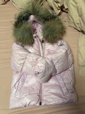 Moncler Girls Light Pink Puffer Jacket with Green Fur Trim Hood